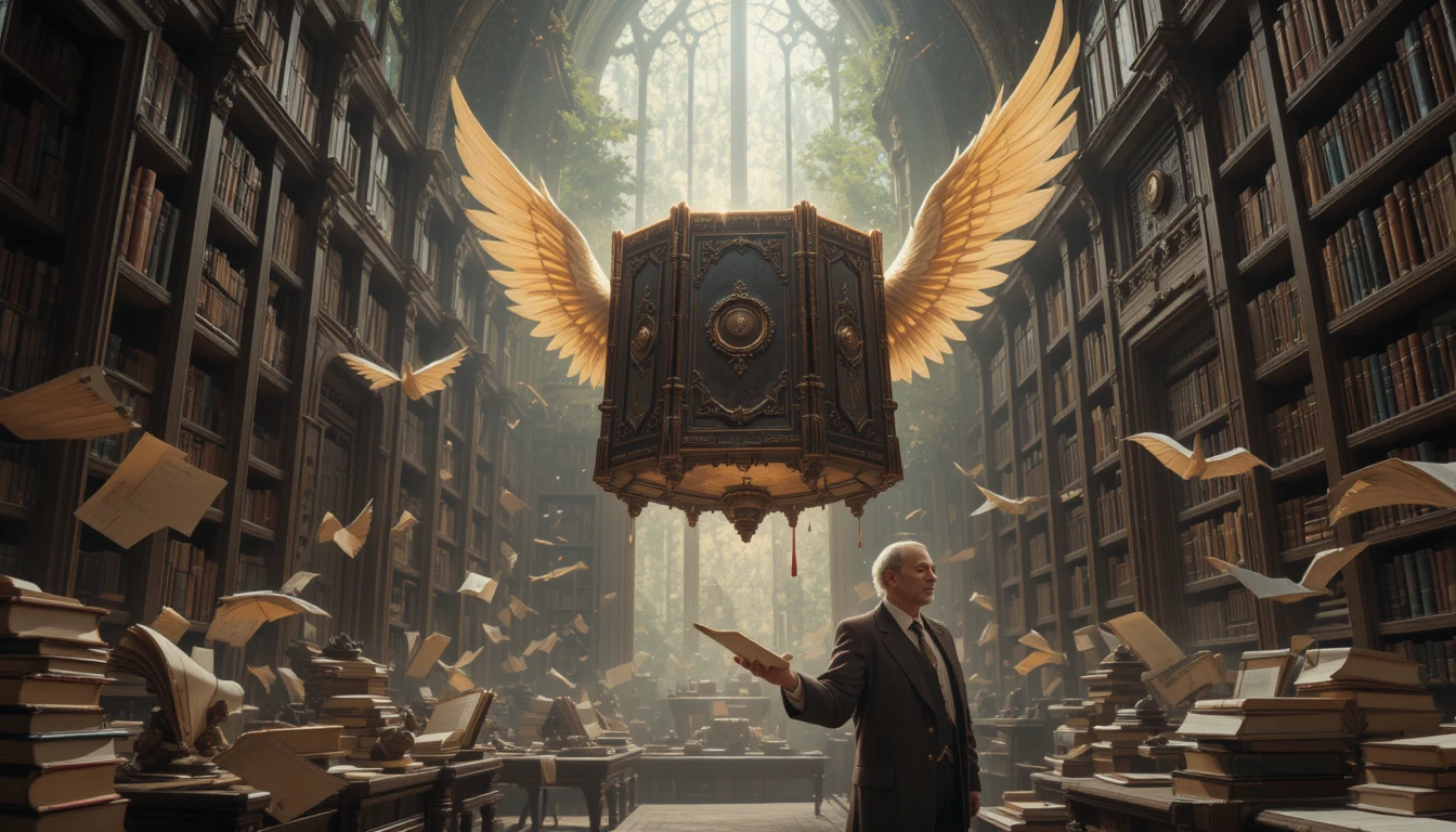 Bibliotecário sábio com livros voadores em uma biblioteca luminosa
