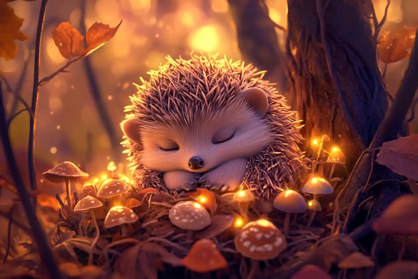 Baby-Igel ruht bei Dämmerung zwischen leuchtenden Pilzen