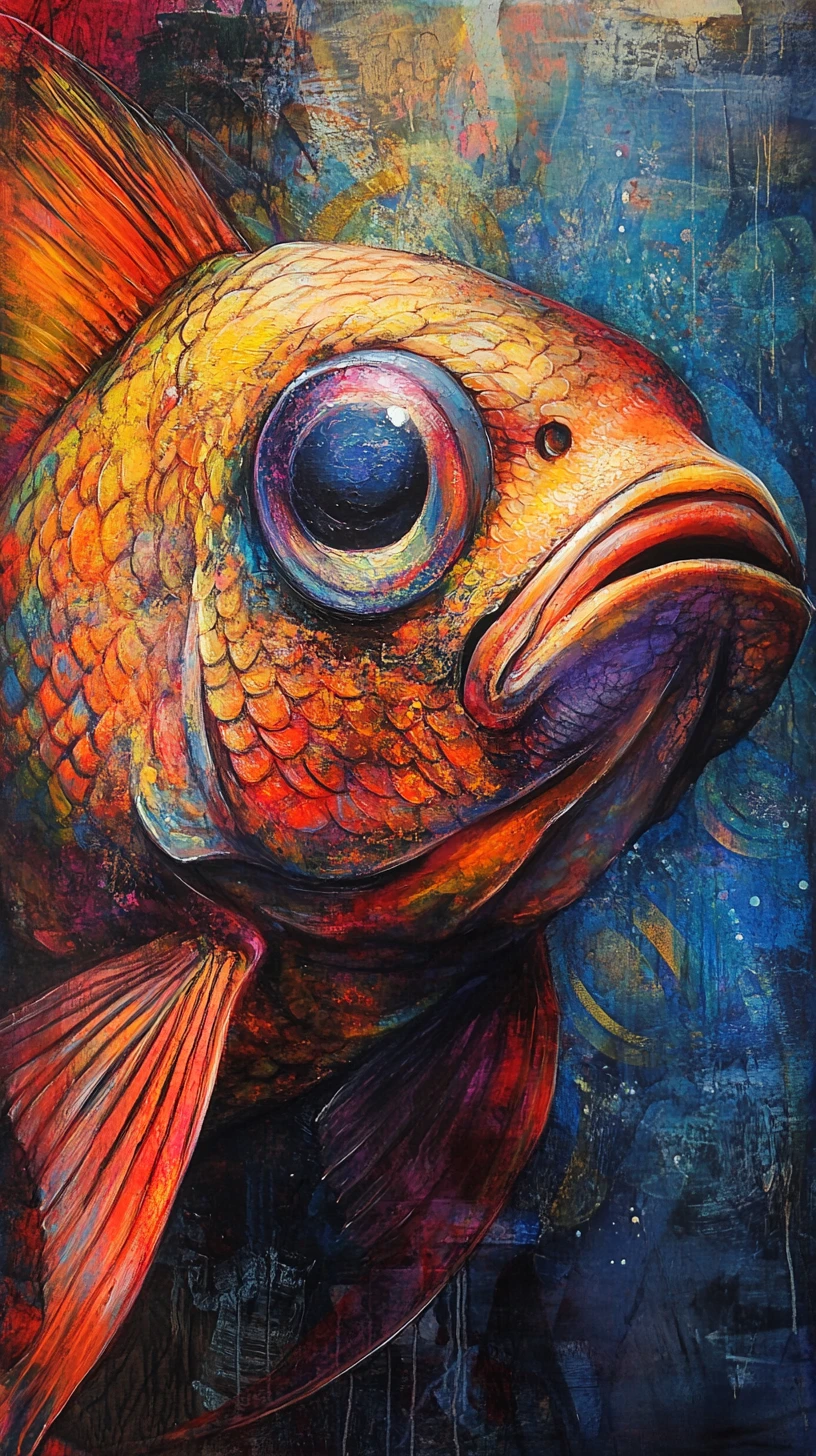 Surrealer Mixed-Media-Fisch mit kräftigen, farbenfrohen abstrakten Formen