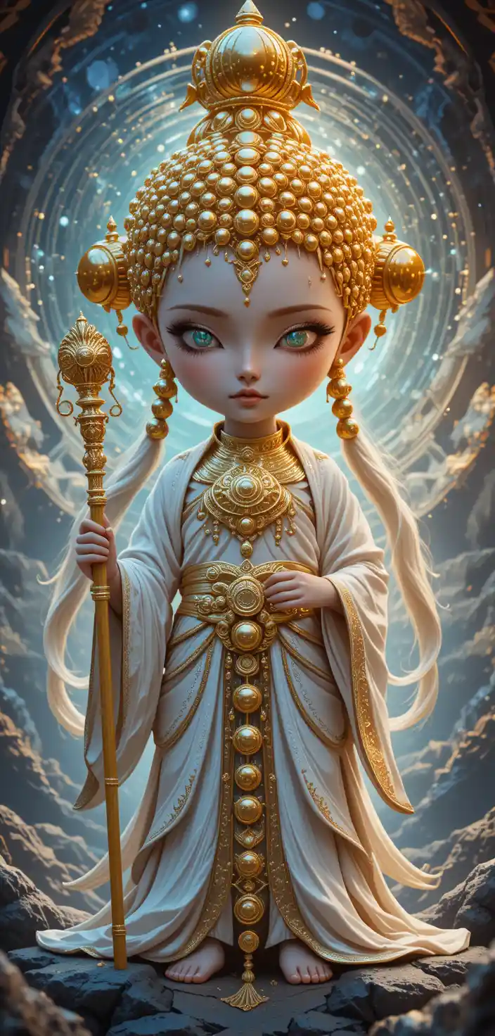 Chibi bald monk woman with golden beaded head and staff
