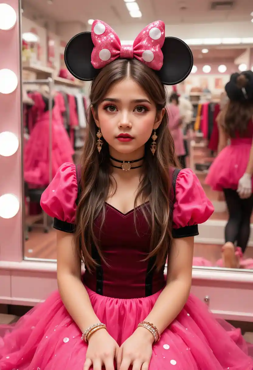 Ragazzo preadolescente nervoso con vestito rosa di Minnie alla toilette