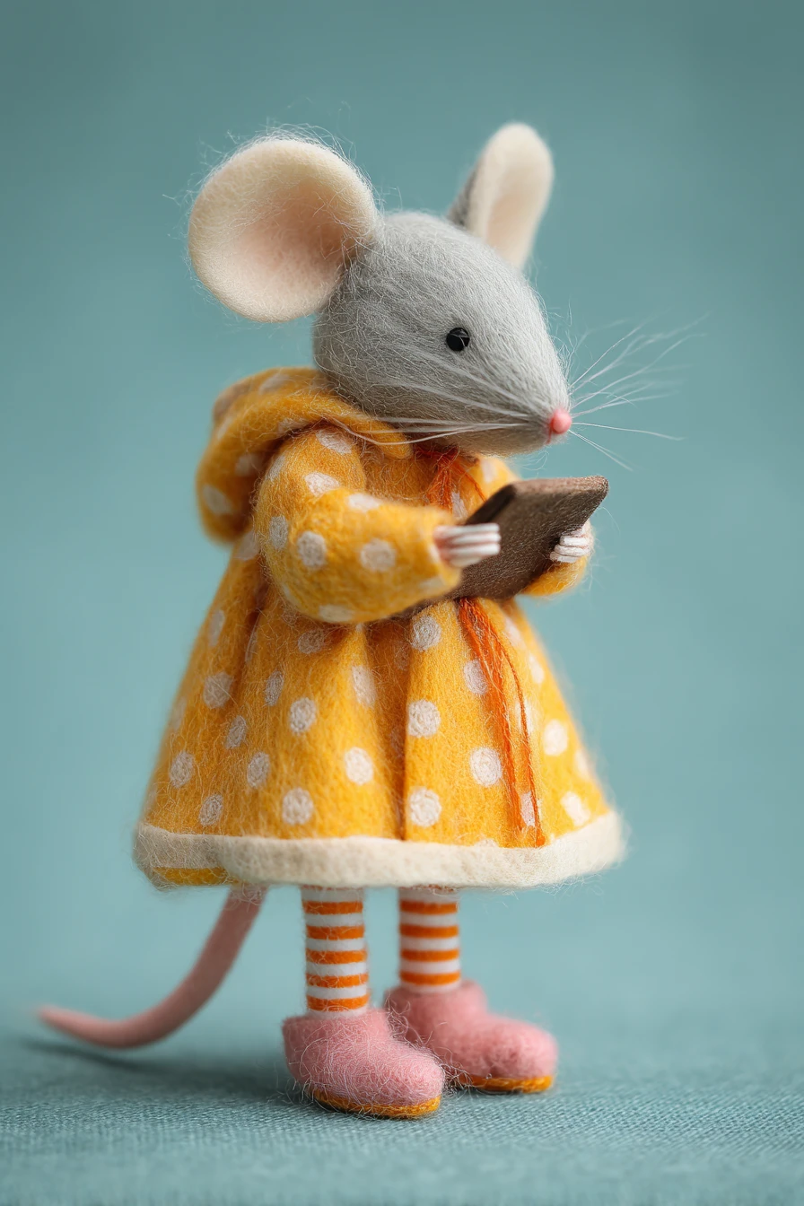 Needle felt mouse shopping online in a cozy living room