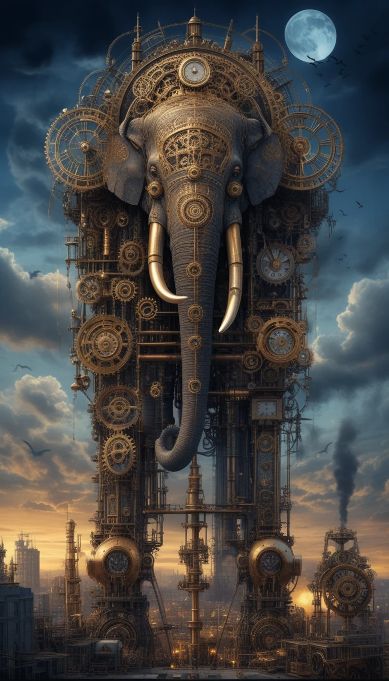 Elefante mecânico steampunk gigante sob um dramático céu iluminado pela lua