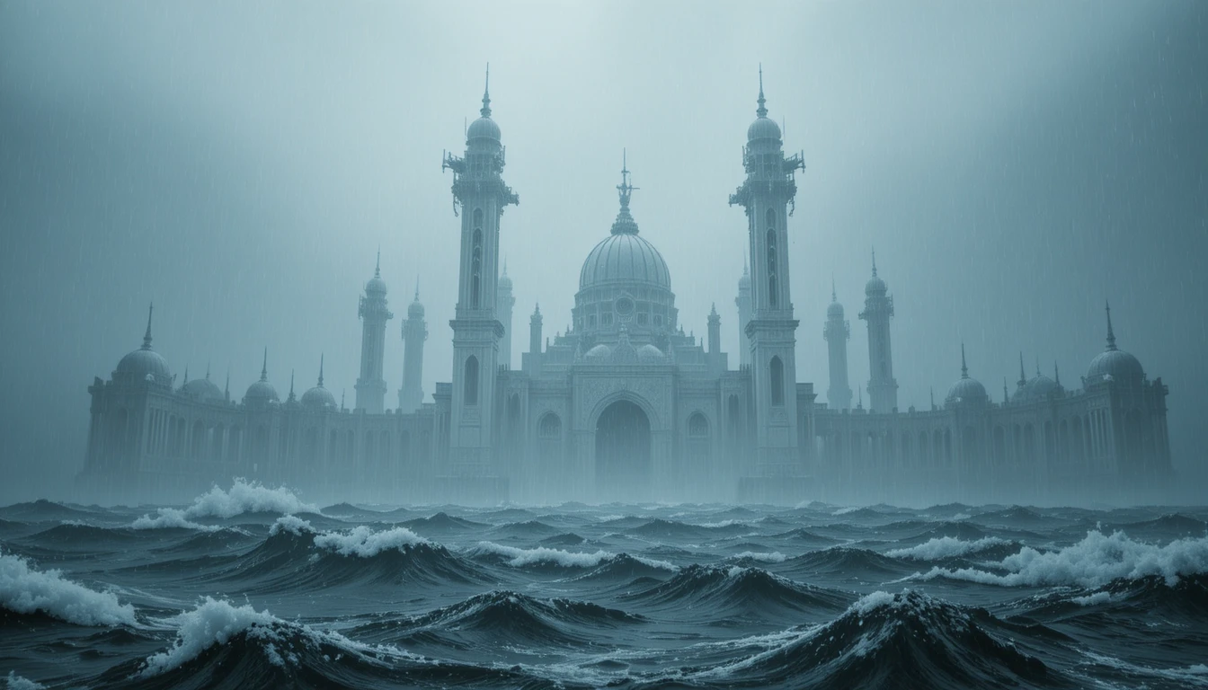 Imensas torres de uma cidade oceânica futurista sob chuva cinza implacável