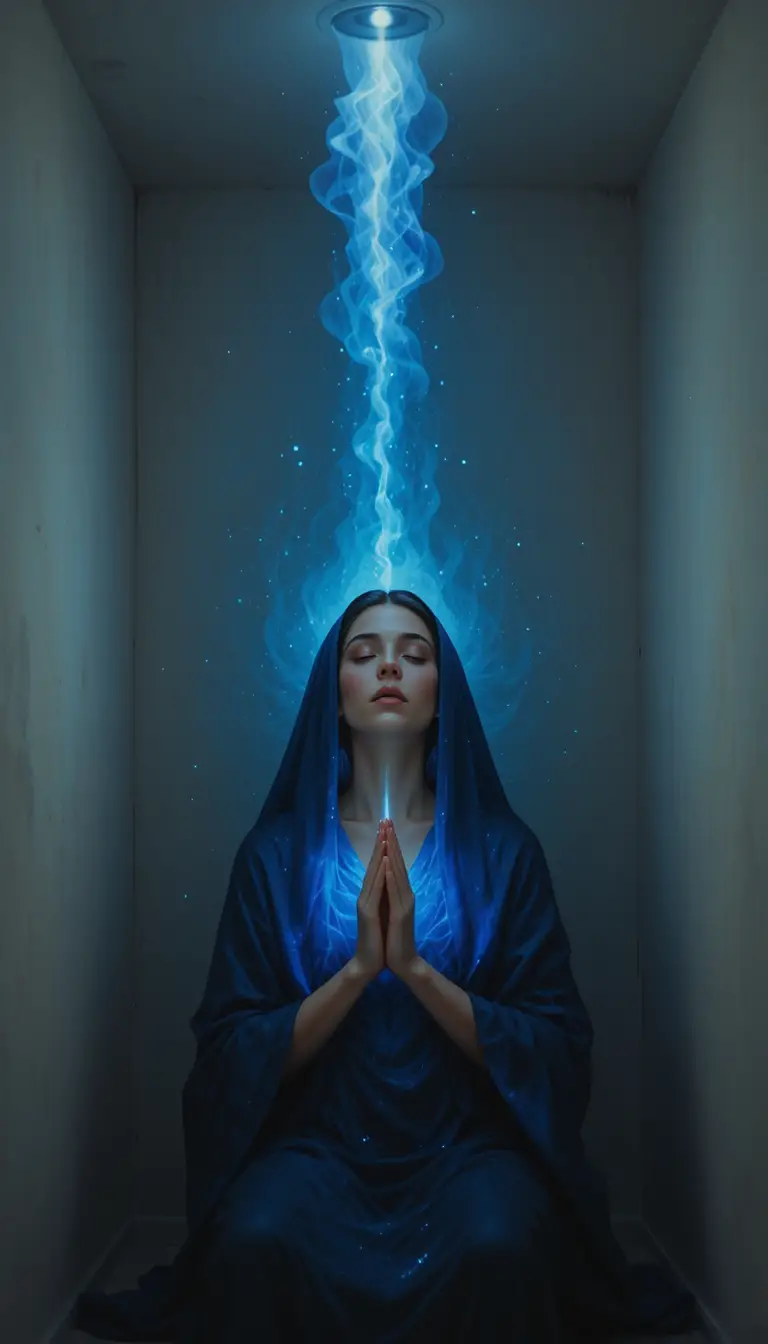 Garota ajoelhada rezando diante de uma figura espiritual luminosa