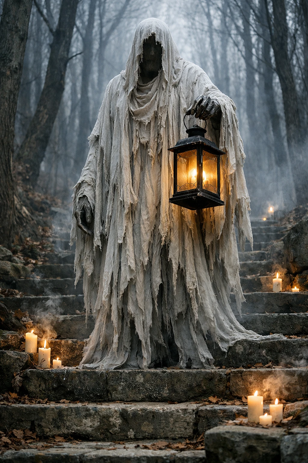 Espectro fantasmagórico com lanterna em degraus de floresta enevoada
