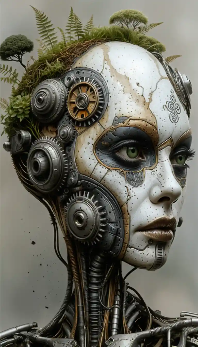 Surreal biomechanical android head merging forest and machinery