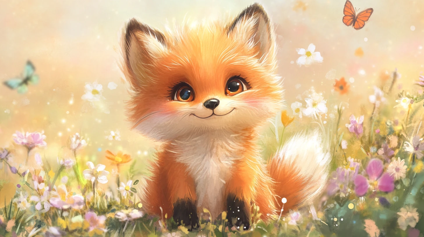 Filhote de raposa fofo em um prado ensolarado de flores em aquarela