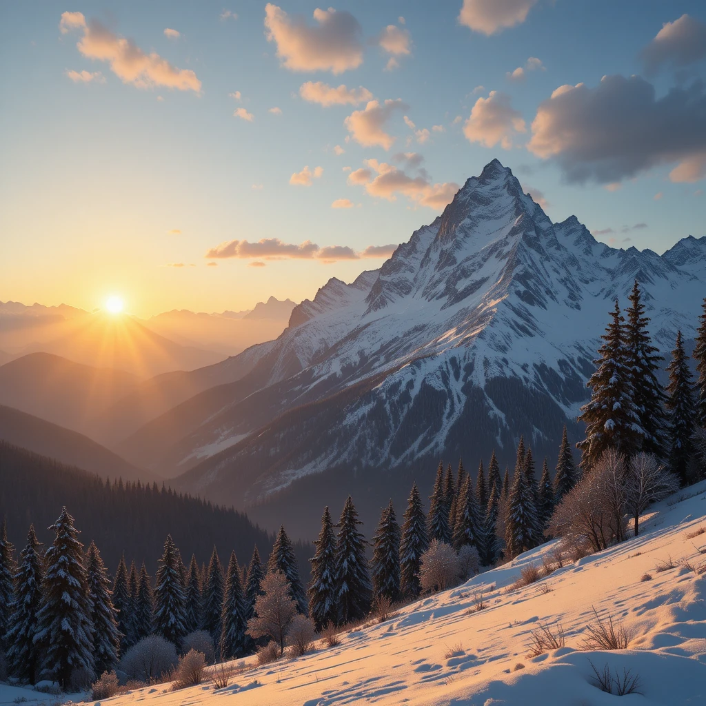 Nascer do sol sobre os Alpes suíços nevados com árvores e céu radiante