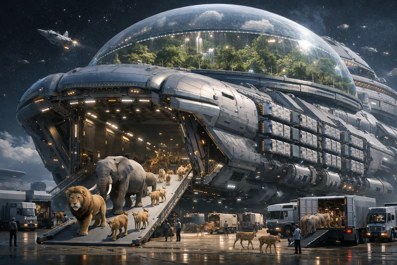 Gigantisches Fracht-Raumschiff-Stadt lädt Paare wilder Tiere