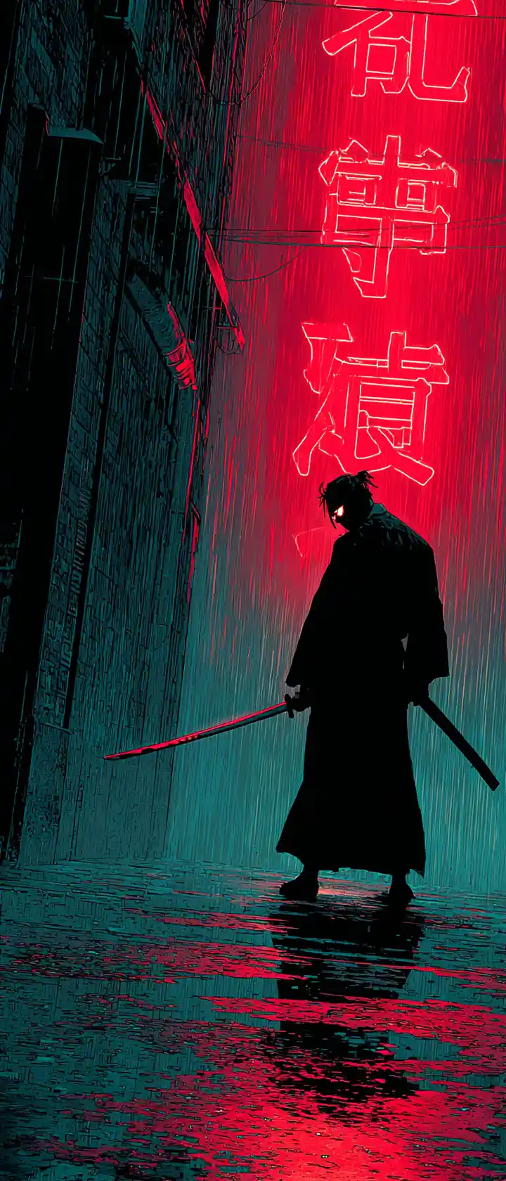 霓虹燈雨巷中拔刀而立的賽博武士