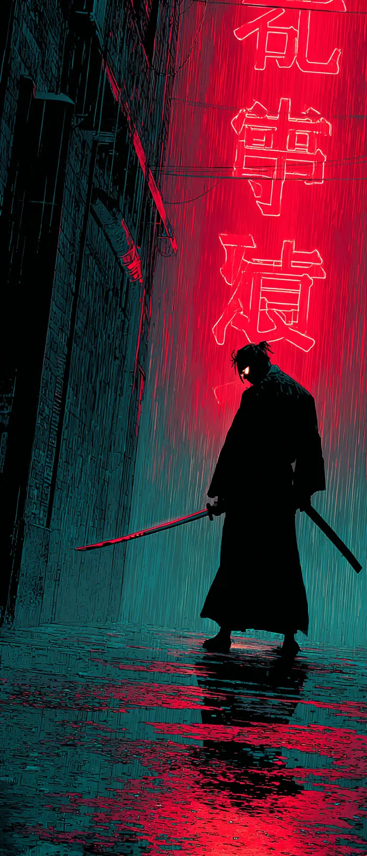 霓虹燈雨巷中拔刀而立的賽博武士