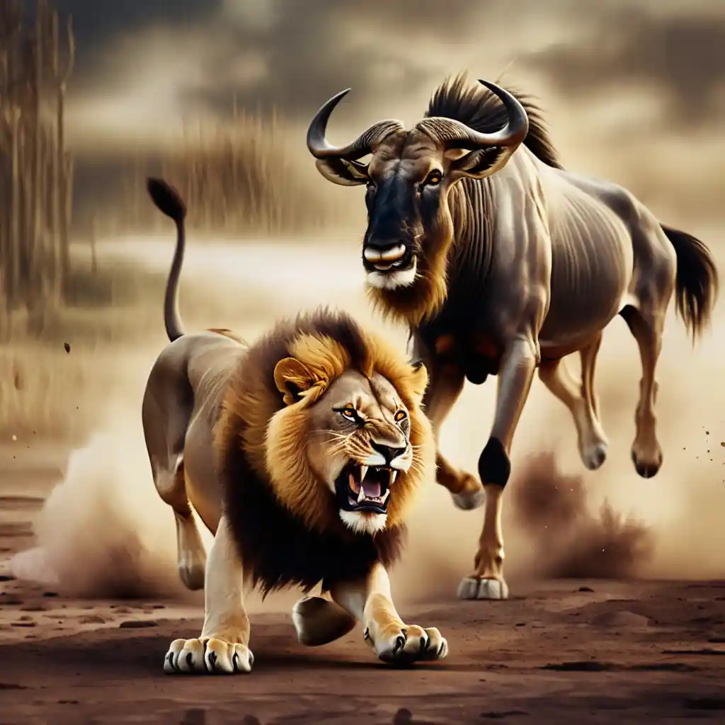Charging lion chasing a wildebeest across dusty savanna