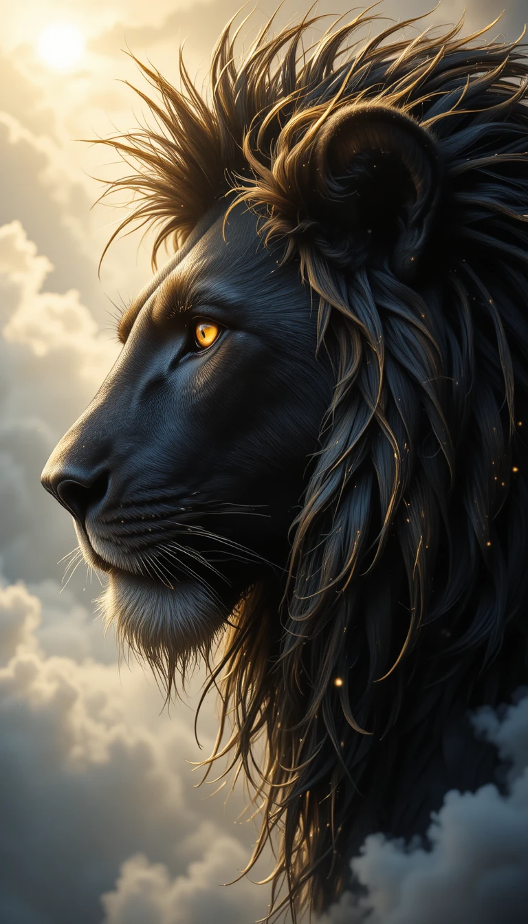 Perfil majestoso de leão brilhando em luz dourada celestial