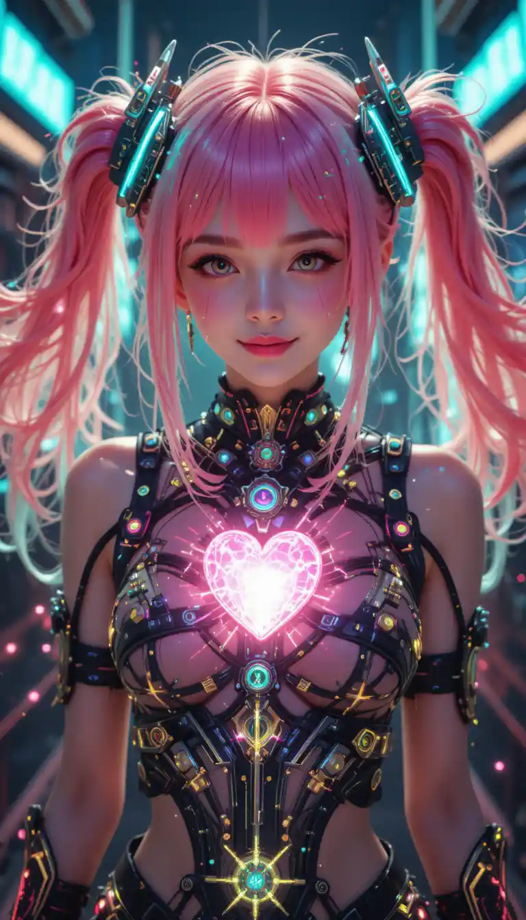 Fille d’anime cyberpunk aux cheveux rose néon et circuits