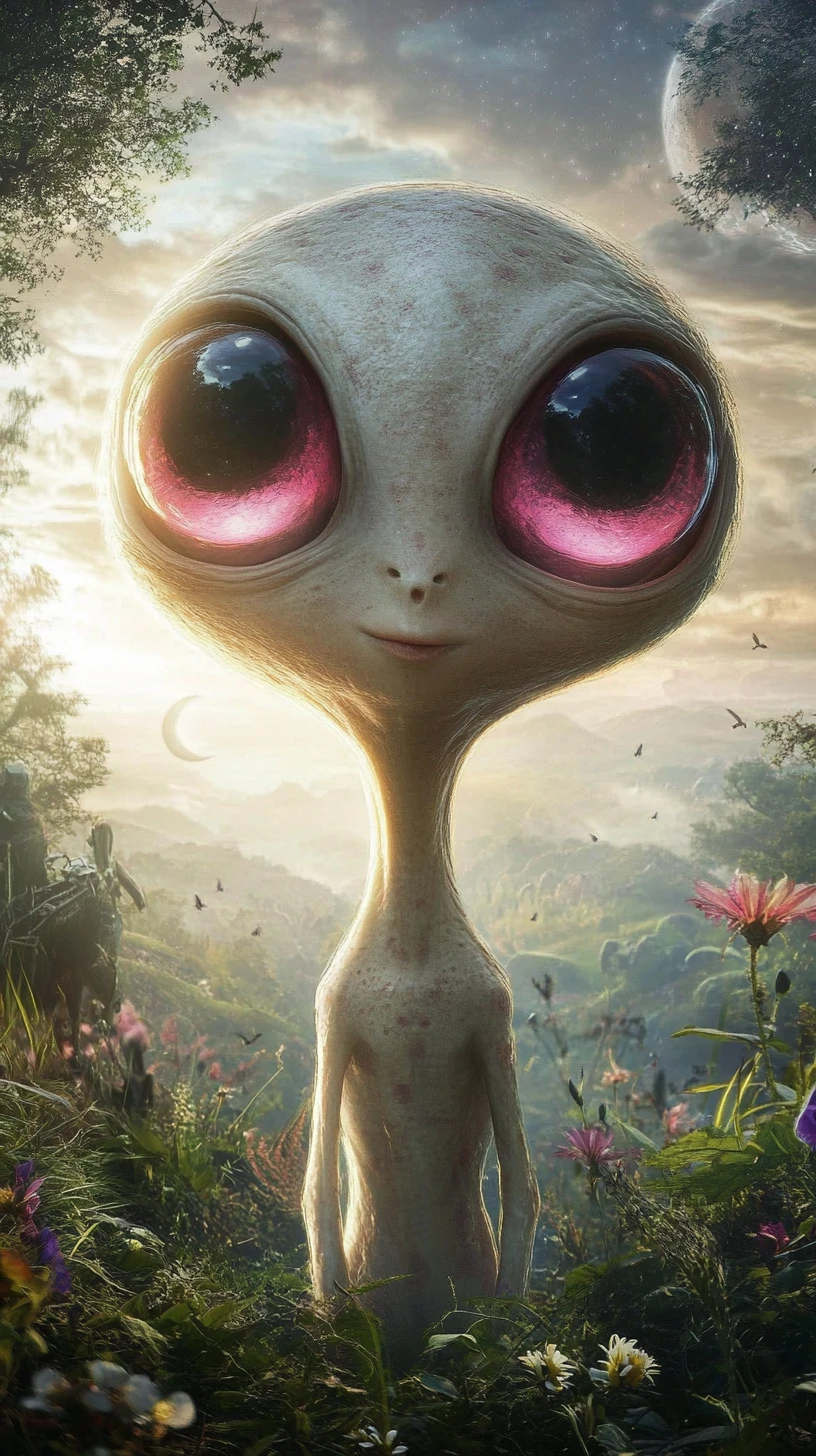 Delicado alienígena que se encuentra con un humano en un paisaje de fantasía exuberante