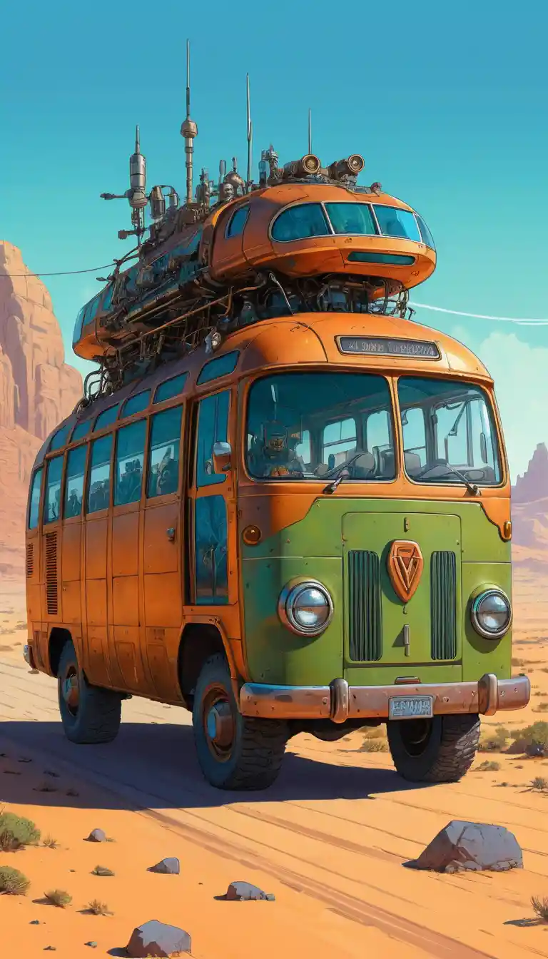 Giant mechanical bus strides across a bright desert