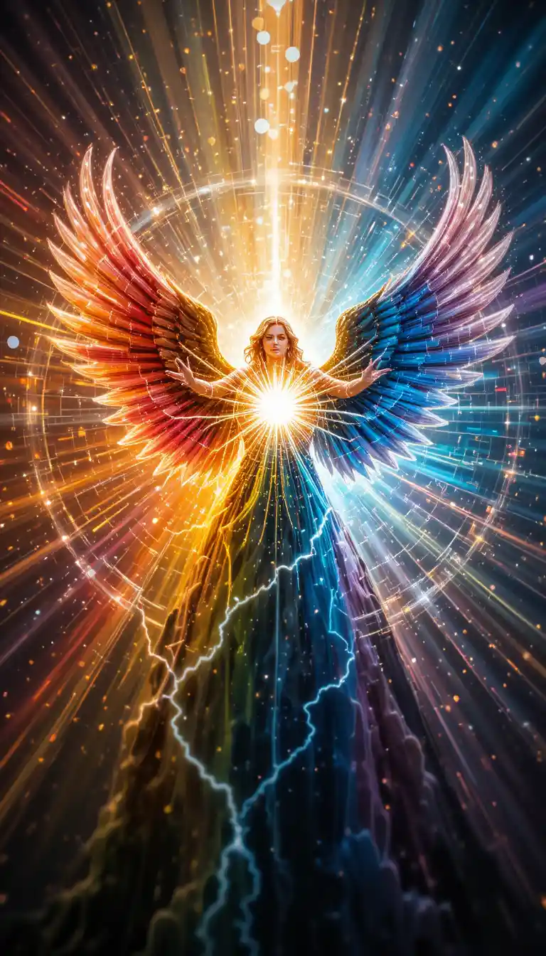 Esfera angelical multicolorida explodindo em filamentos de luz radiante