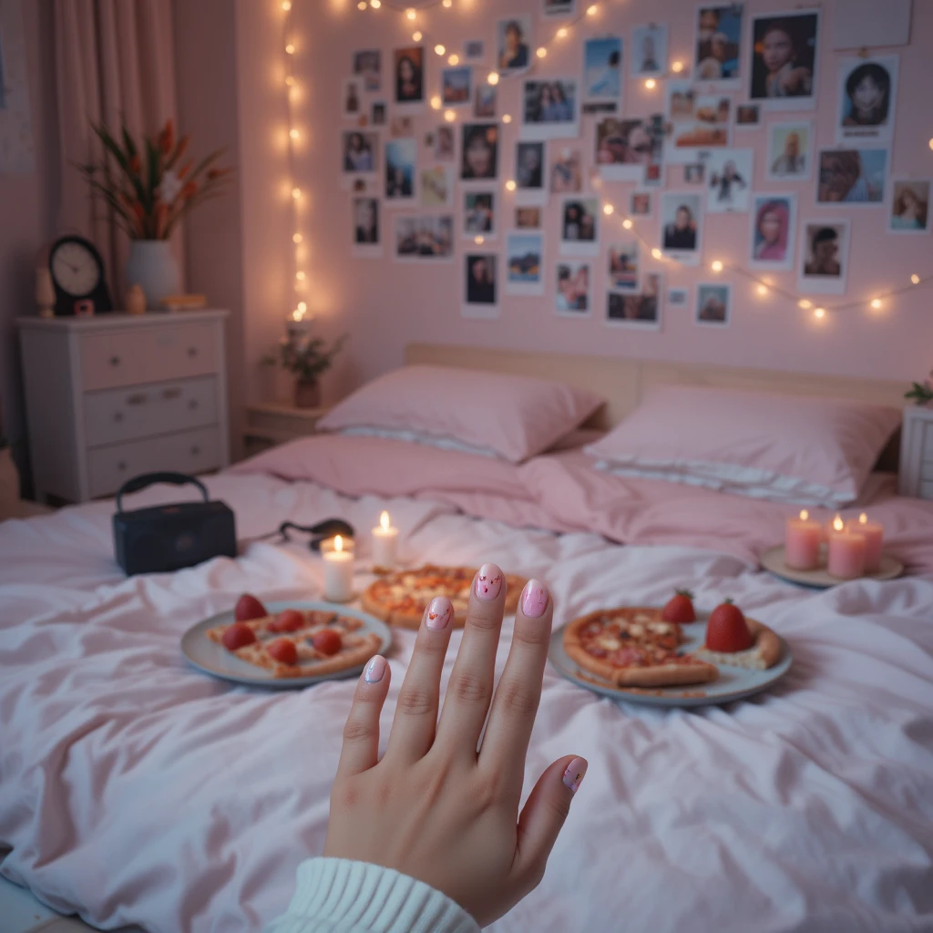 Gemütliches Valentinstags-Schlafzimmer mit Nahaufnahme pastellfarbener Nailart