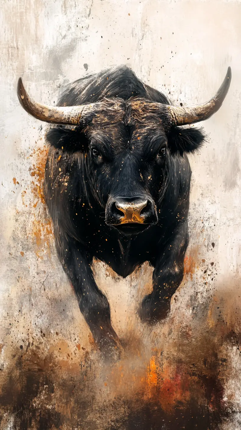 Charging spanish bull in dynamic mixed media illustration