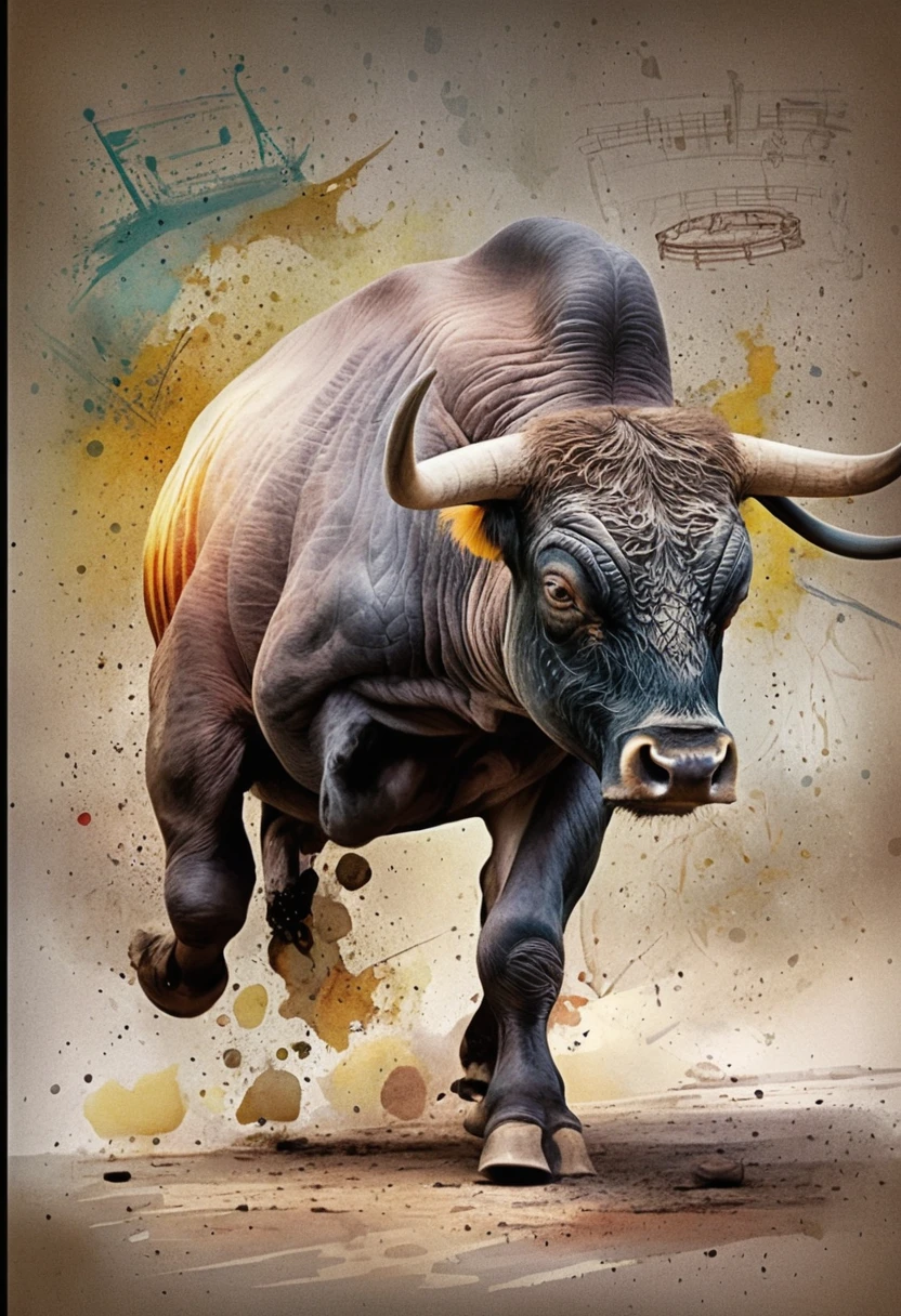 Toro español embistiendo en ilustración dinámica de técnica mixta