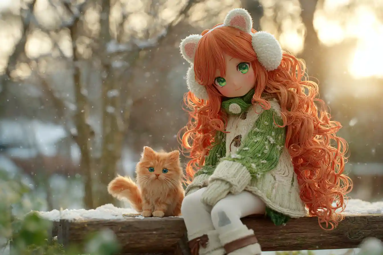 Anime girl with red hair cuddling kitten in snowy garden