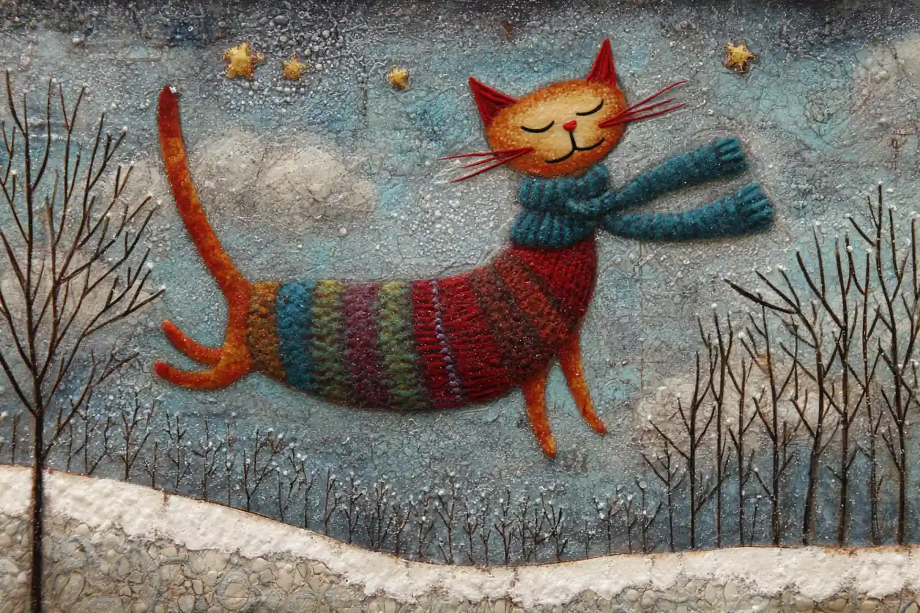 Laughing cat sliding downhill inside a giant wool sock