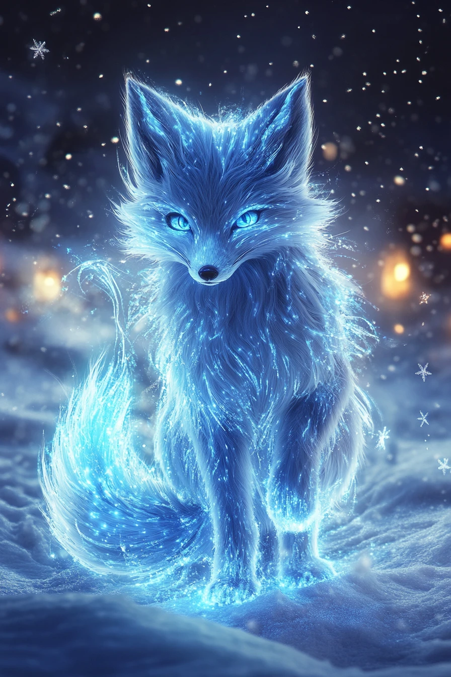 Renard Arctique Éthéré dans un Paysage Lumineux de Nuit Hivernale