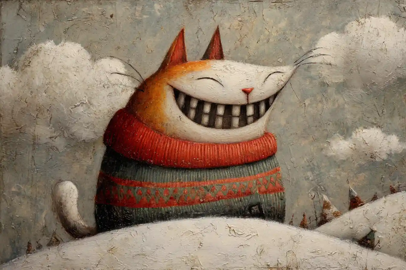 Whimsical cat riding a woolen sock down a snowy hill