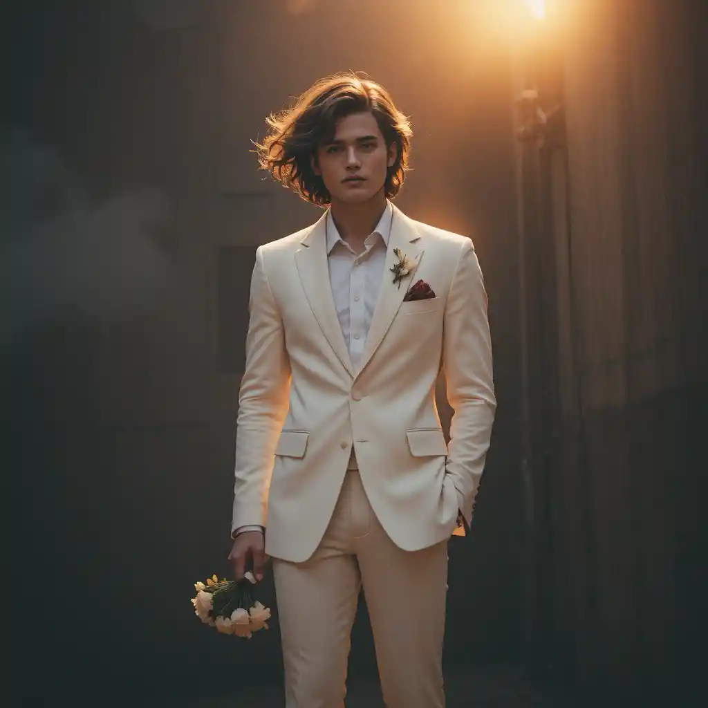 Hombre con traje blanco y flores bajo el brillo de la hora dorada