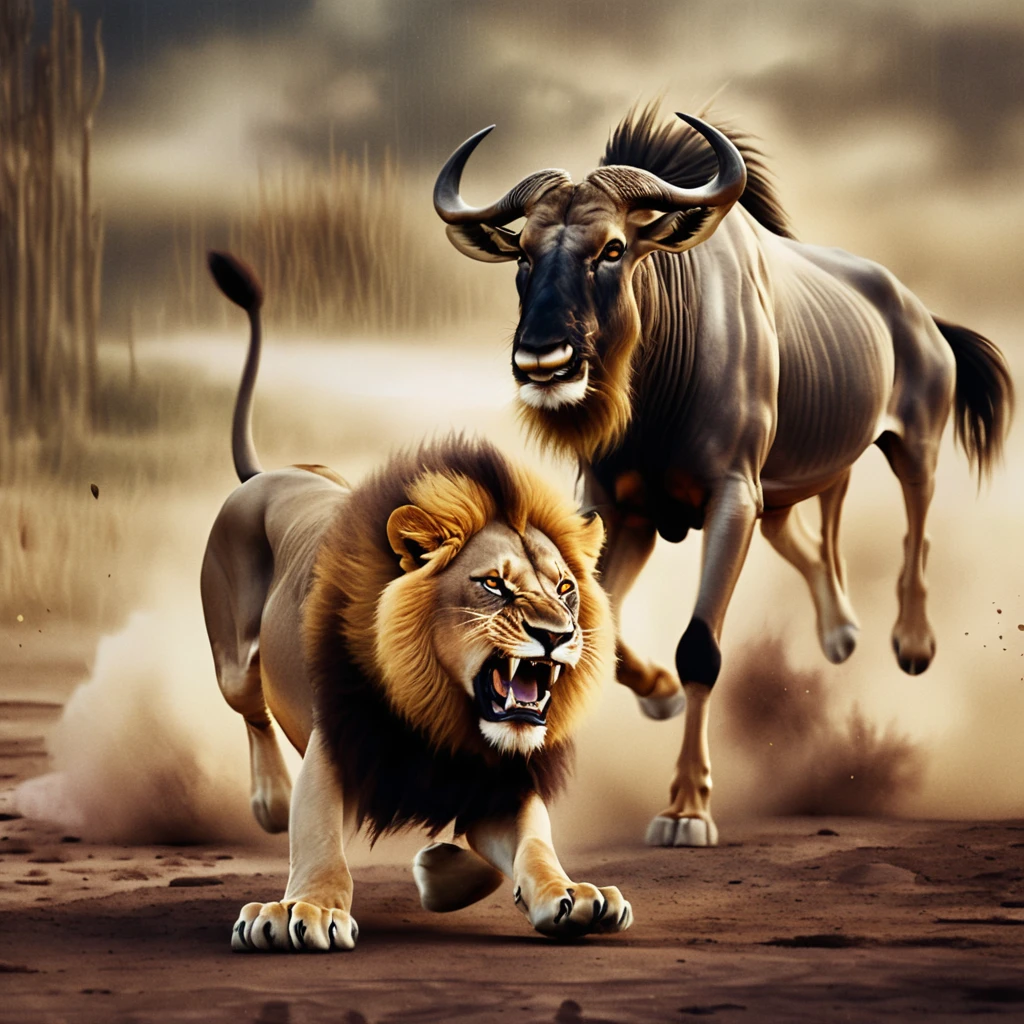 Charging lion chasing a wildebeest across dusty savanna