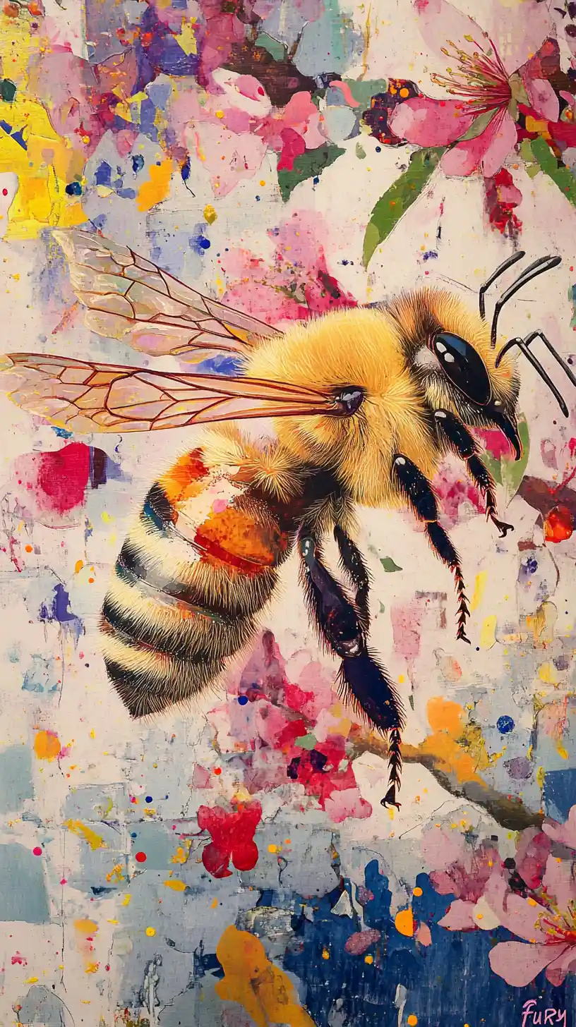Furry bee pollinating cherry blossom in a colorful garden