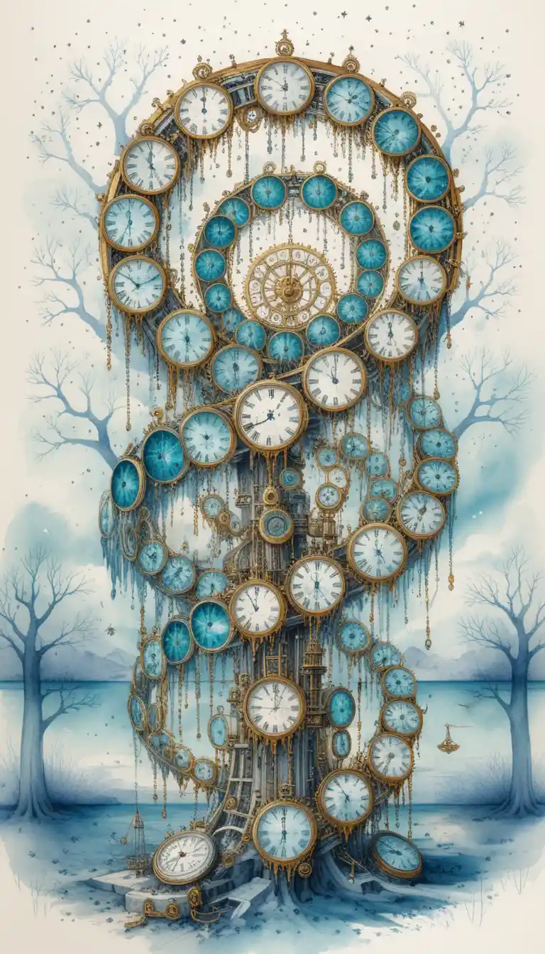 Machine à voyager dans le temps steampunk surréaliste avec fond cosmique aquarelle