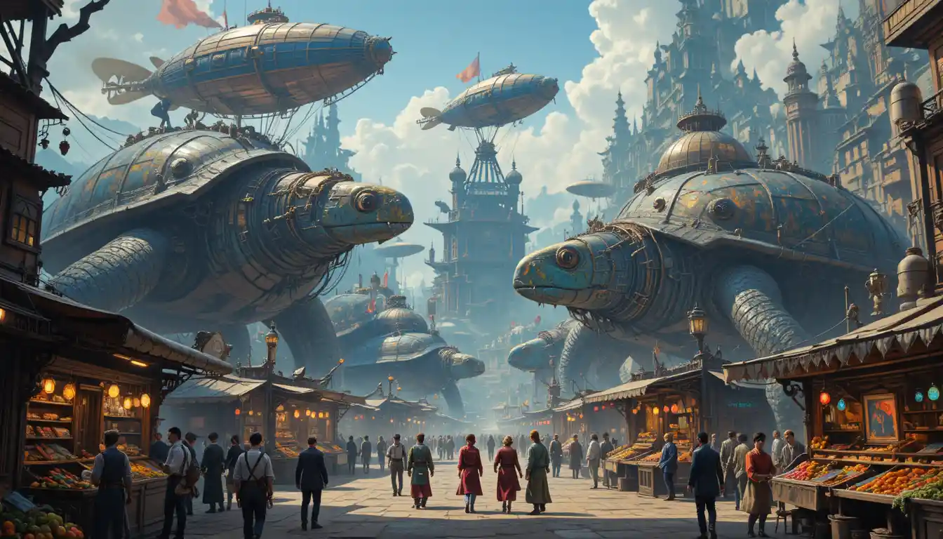 Mercado de fantasia agitado em uma colossal cidade-tartaruga