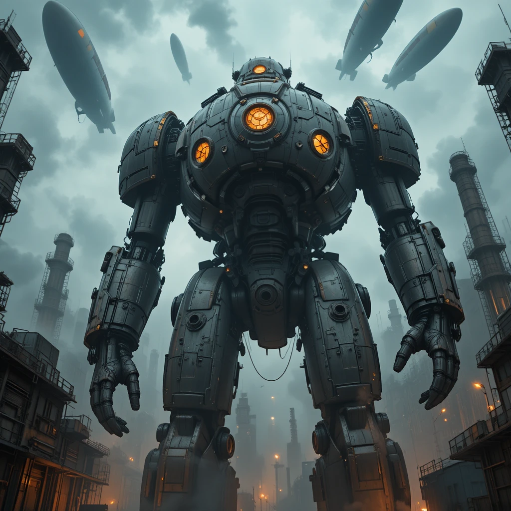Gigantischer Industrieroboter überragt dystopische Stadtlandschaft