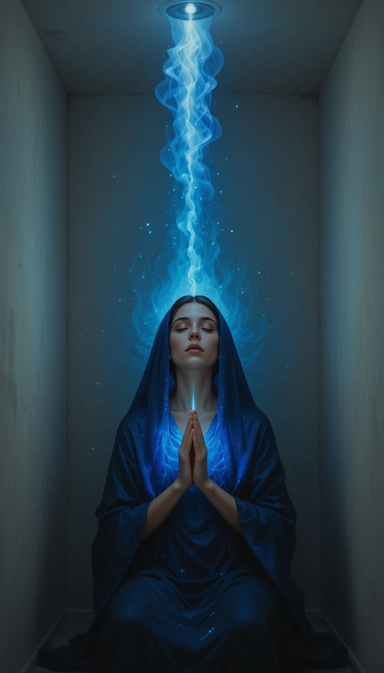 Ragazza in ginocchio che prega davanti a una figura spirituale luminosa