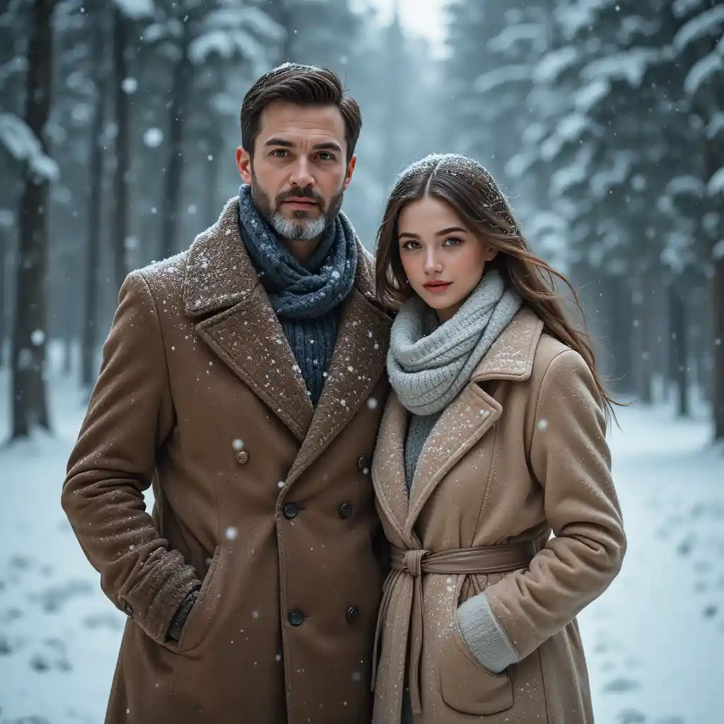 Elegantes Paar steht gemeinsam in einem verschneiten Winterwald
