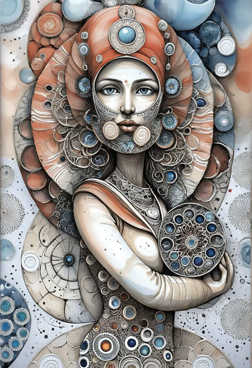 Mulher serena em meditação com halo de mandala ornamentado