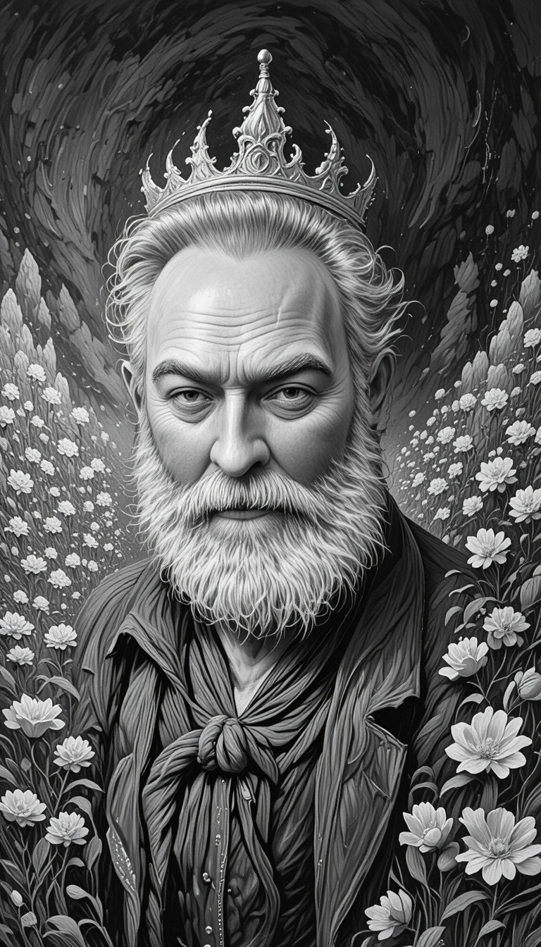 Retrato melancólico de rei idoso em desenho em preto e branco
