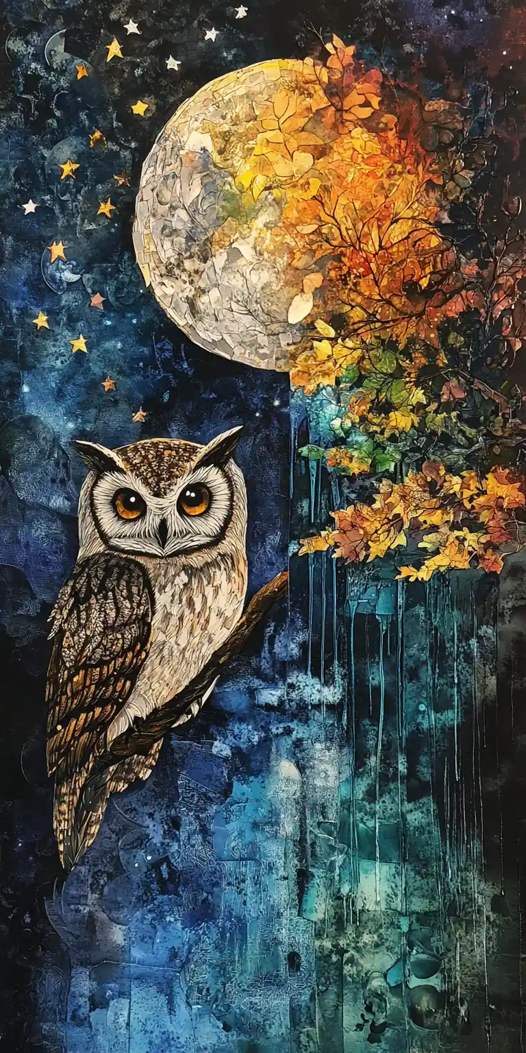 Collage surreale di gufo contro un cielo stellato illuminato dalla luna