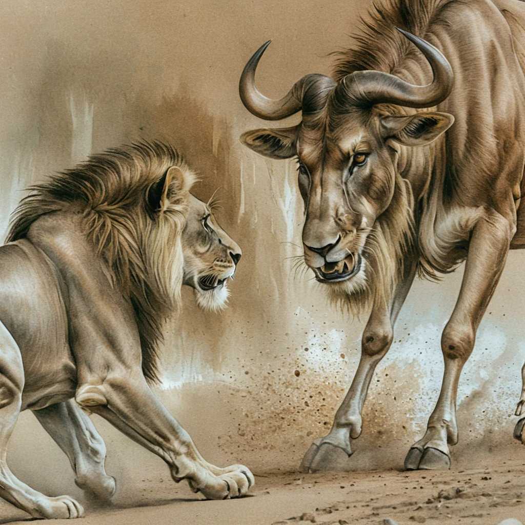 Leão em investida perseguindo gnu na savana empoeirada