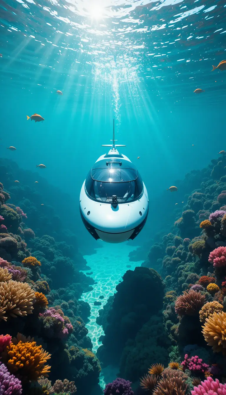 透明なモルディブのサンゴ礁を滑走するラグジュアリー潜水艦