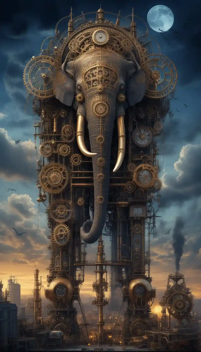 Elefante mecânico steampunk gigante sob um dramático céu iluminado pela lua