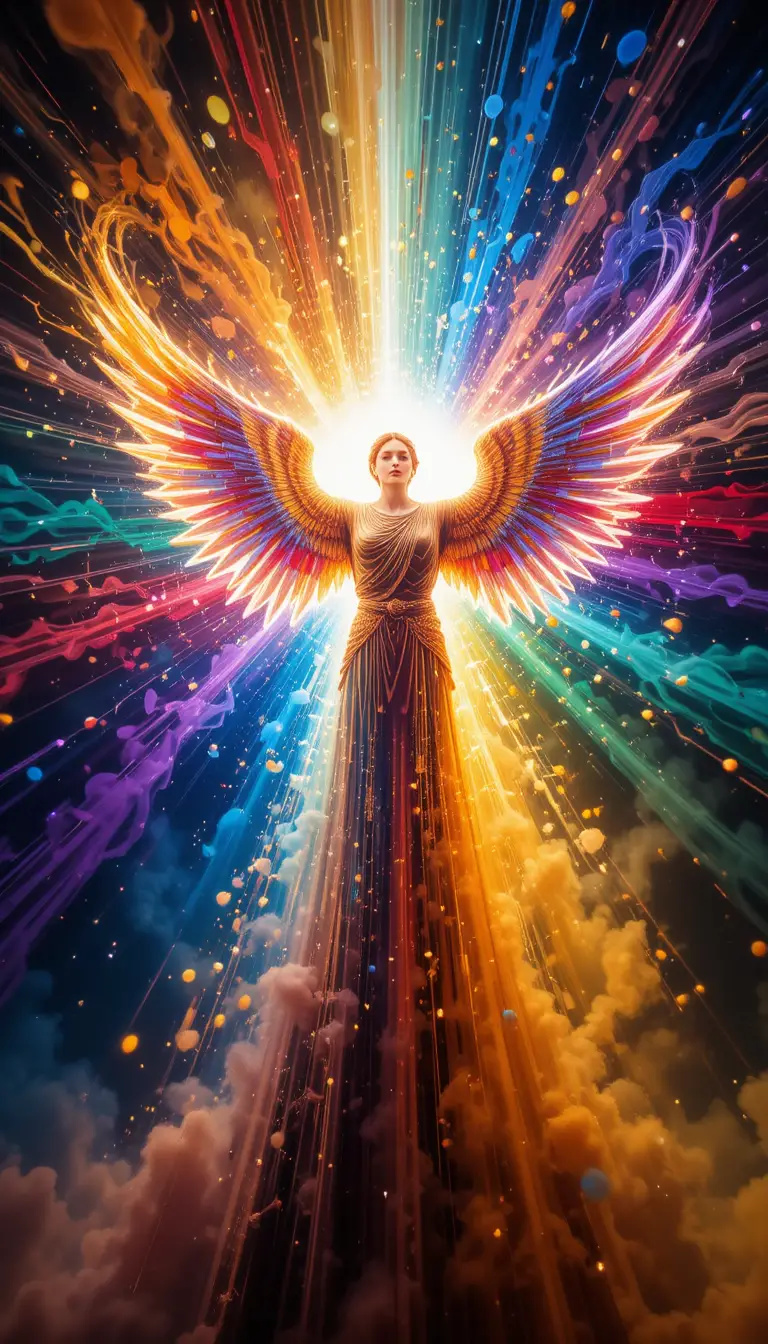 Esfera angelical multicolorida explodindo em filamentos de luz radiante