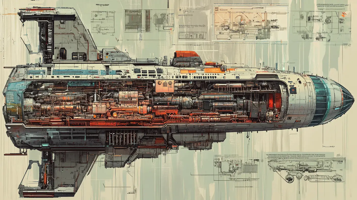 Coupe transversale d’un vaisseau spatial gigantesque avec ponts de commandement et zones de vie