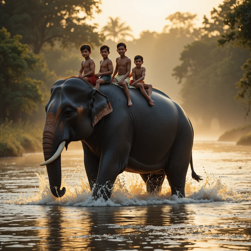 Éléphant indien portant des garçons du village à travers une rivière baignée de soleil