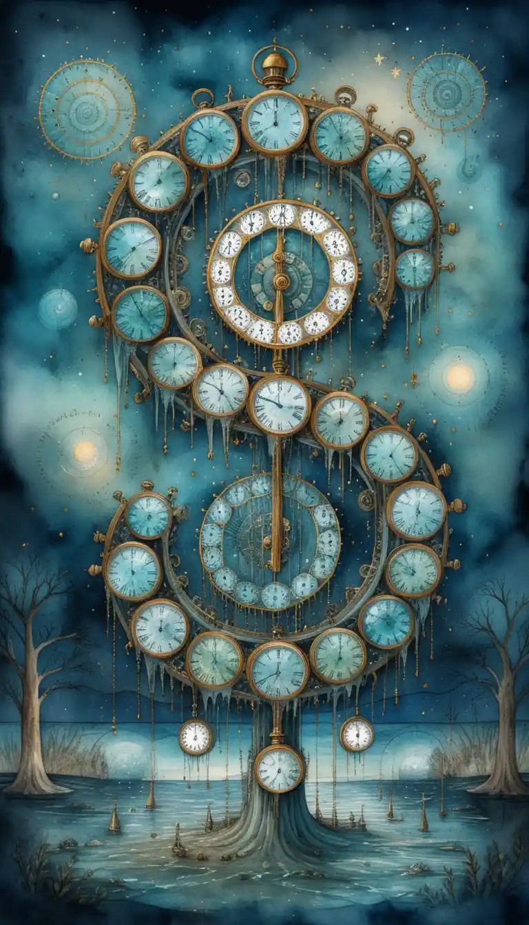 Machine à voyager dans le temps steampunk surréaliste avec œil cosmique lumineux