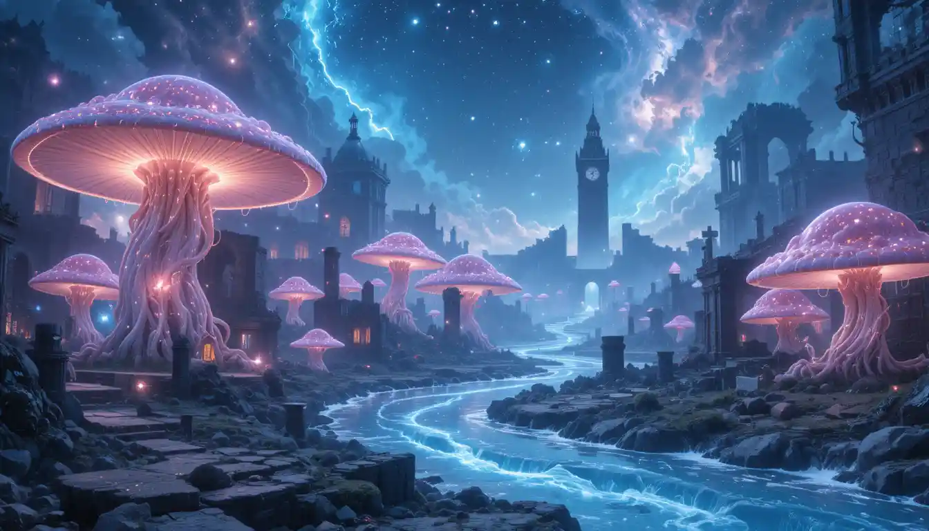 Rovine fantasy surreali con funghi luminosi e torre dell'orologio