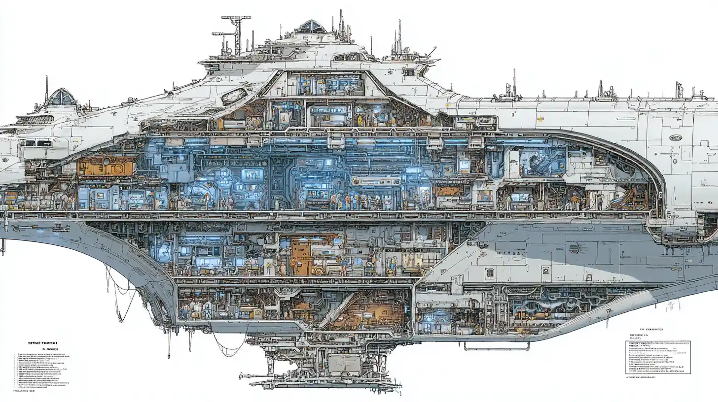 Detailed cross section of a gigantic futuristic spaceship interior