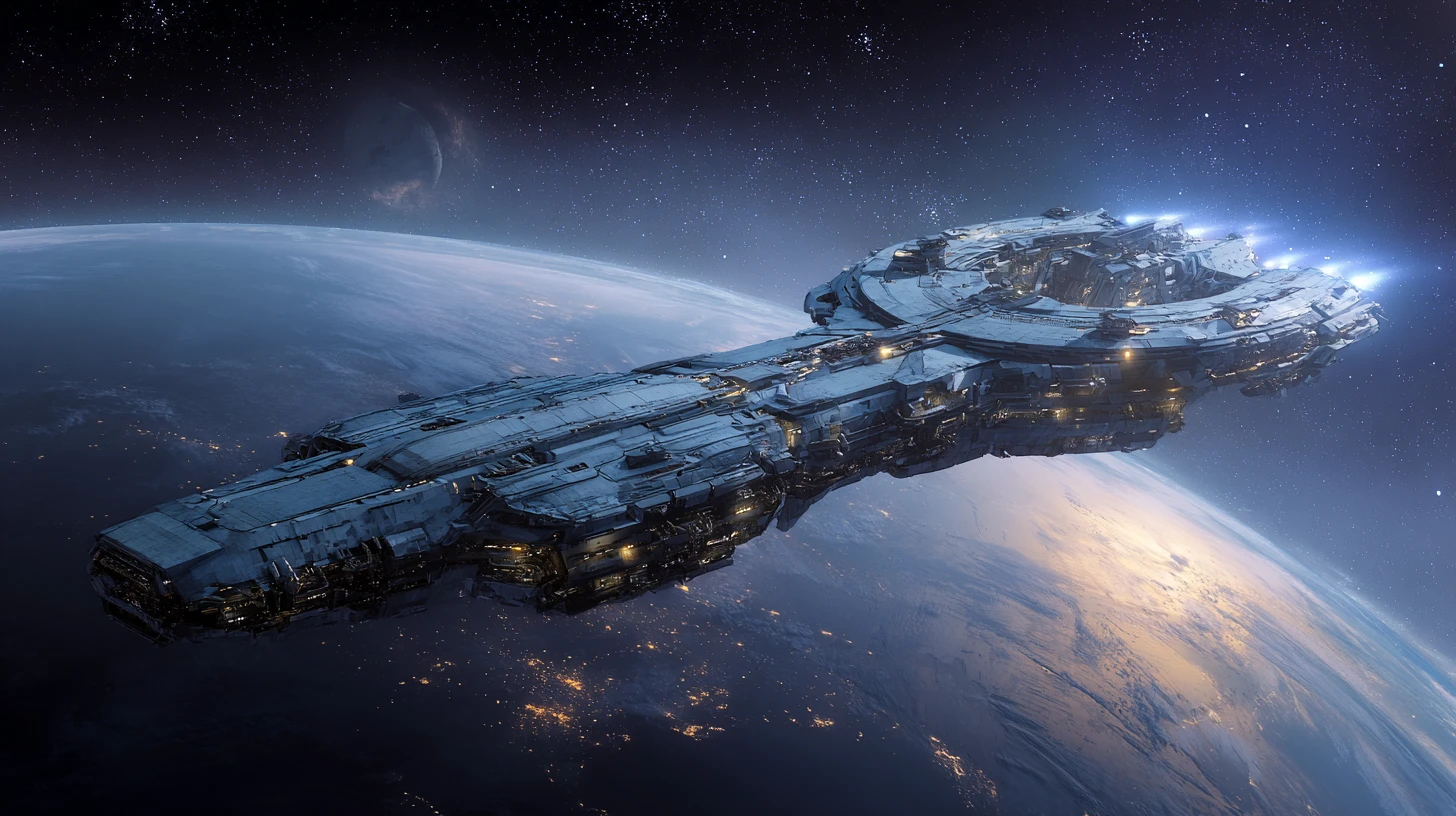 Nave espacial gigantesca em forma de ferradura disparando uma arma destruidora de planetas
